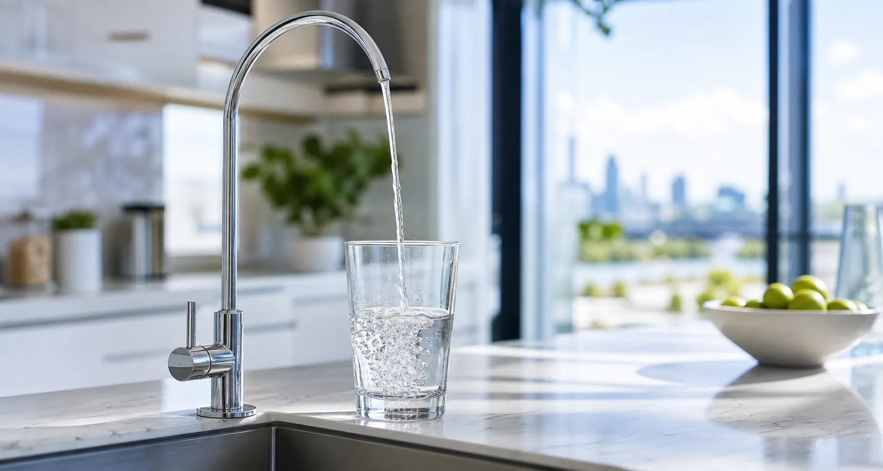 Clear filtered water being poured into a glass in a modern kitchen