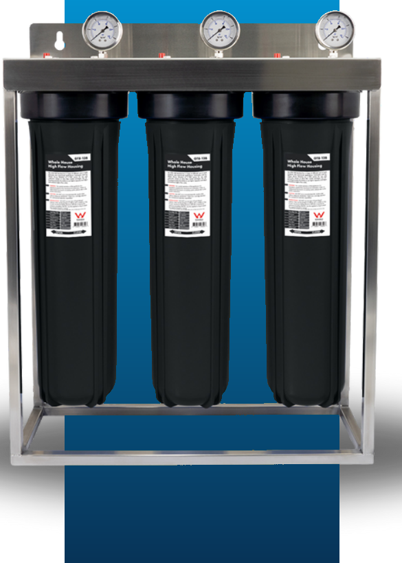Triple-stage whole house water filter with three pressure gauges