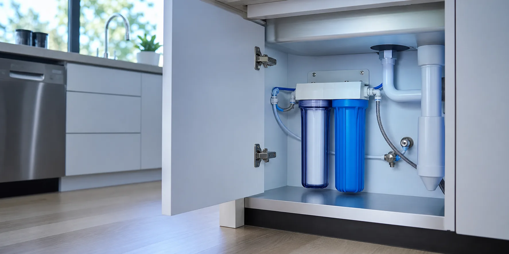 Tidy under-sink drinking water filter system
