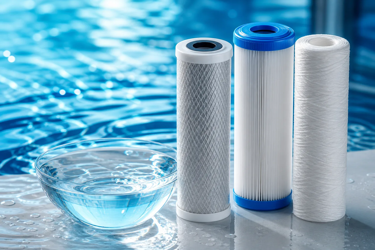 Water filter cartridges with clear blue water reflections